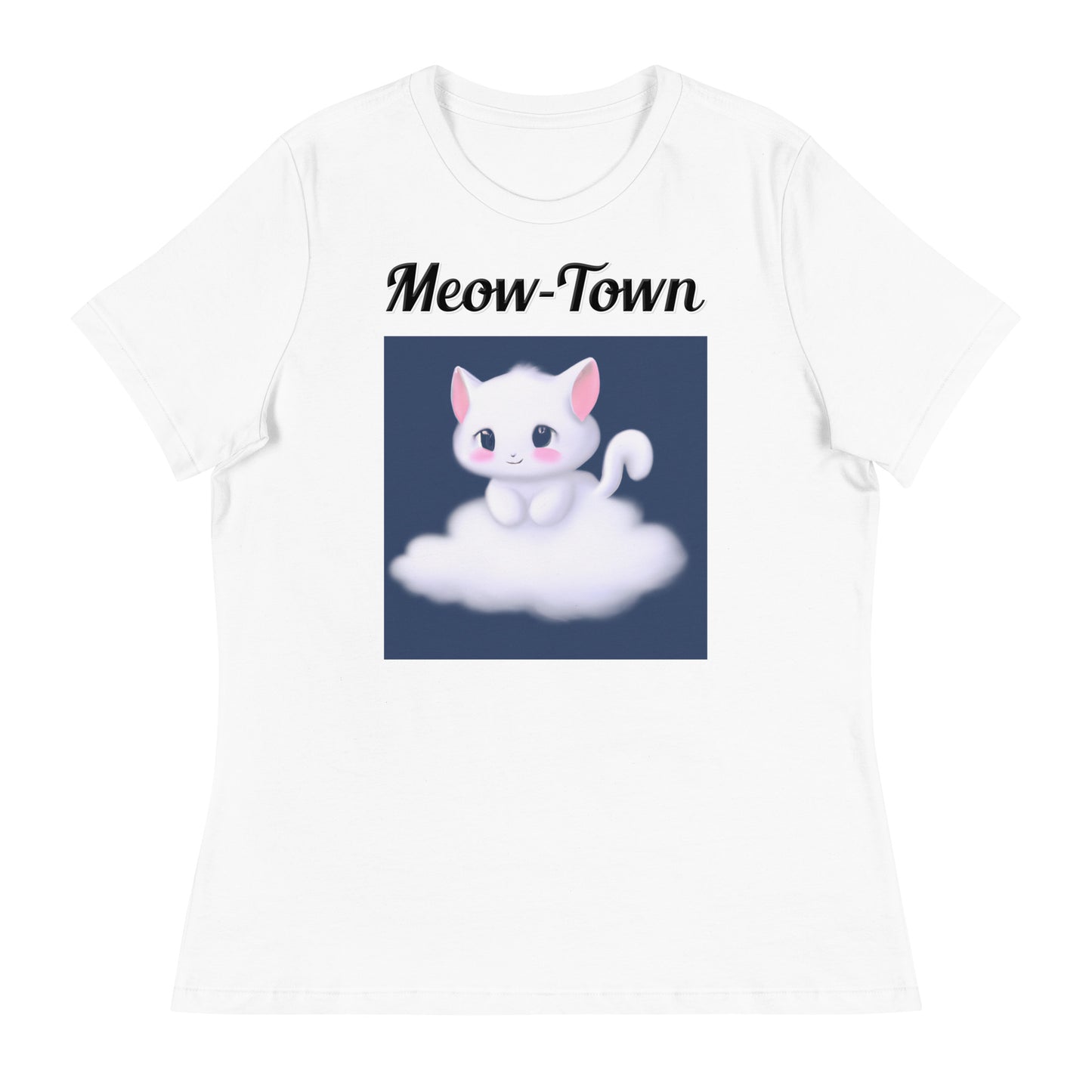 Women's White T-Shirt with text White Kitten On a Cloud with a text "Meow-Town" at $25.97 found at Personalizedpetlovergifts