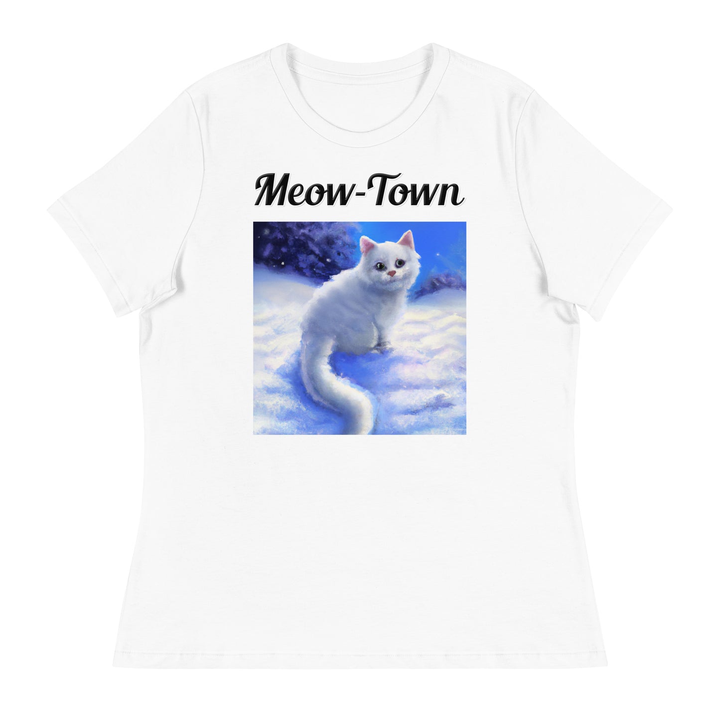 Women's White T-Shirt with text White Kitten In Winter with a text "Meow-Town" at $25.97 found at Personalizedpetlovergifts