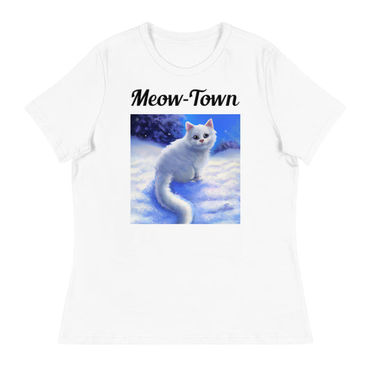 Women's White T-Shirt with text White Kitten In Winter with a text "Meow-Town" at $25.97 found at Personalizedpetlovergifts