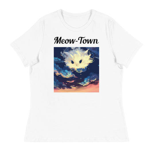 Women's White T-Shirt with text White Kitten Cloud Painting with a text "Meow-Town" at $25.97 found at Personalizedpetlovergifts