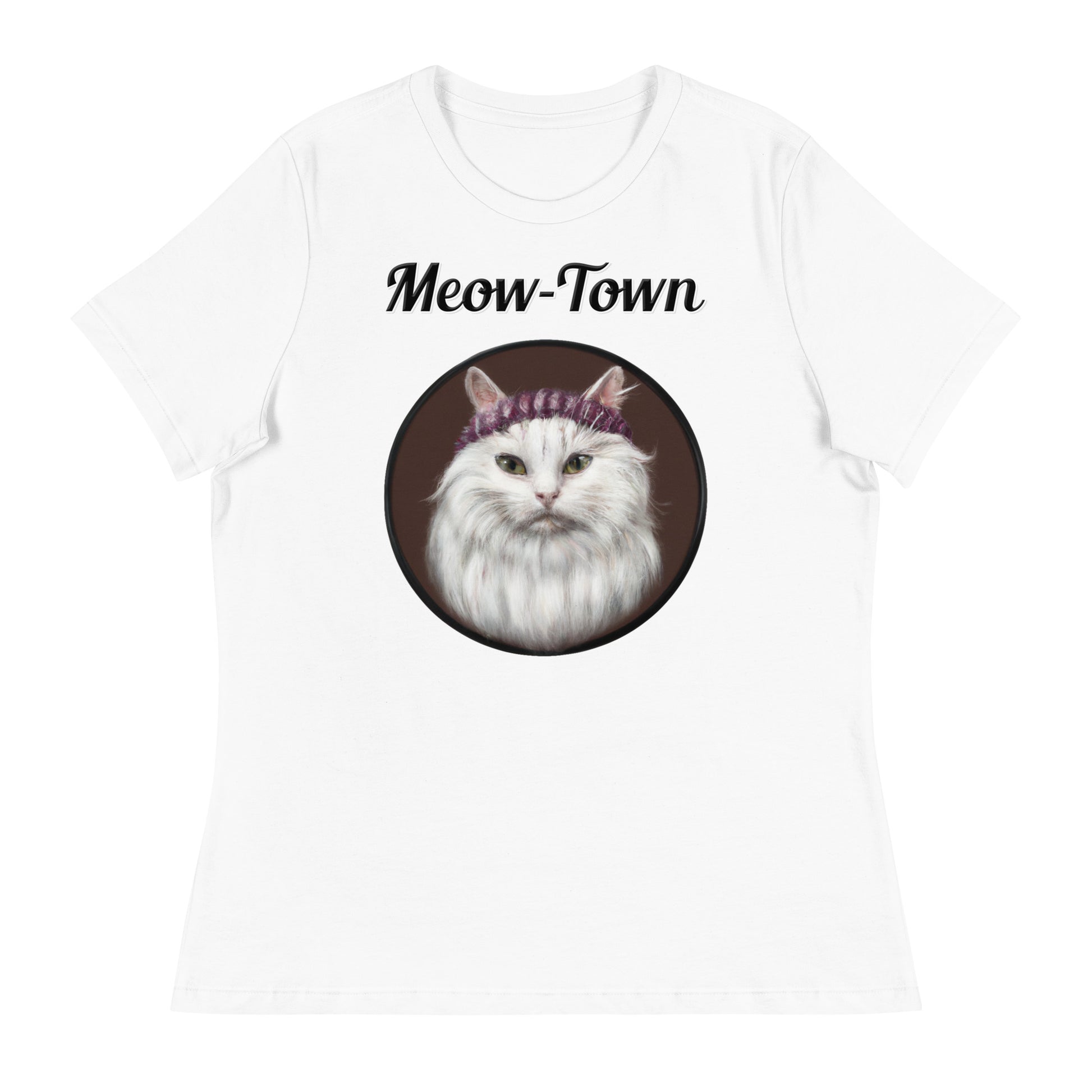 Women's White T-Shirt with text White Fluffy Kitten With a Knit Headband with a text "Meow-Town" at $25.97 found at Personalizedpetlovergifts