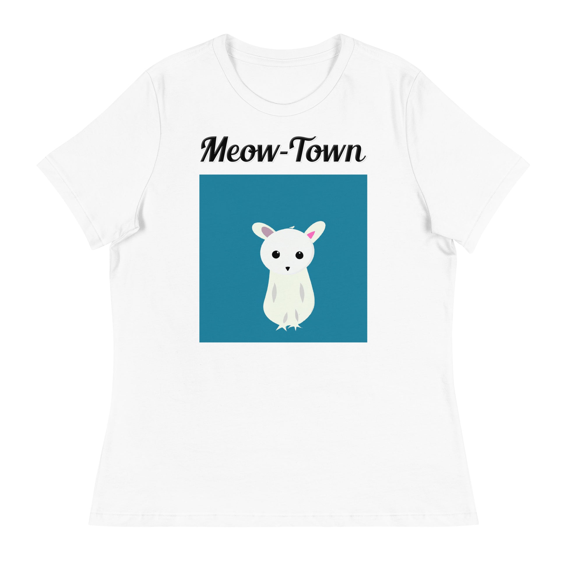 Women's White T-Shirt with text White Creature with a text "Meow-Town" at $25.97 found at Personalizedpetlovergifts