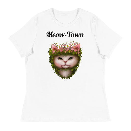 Women's White T-Shirt with text White Cat With Flowers with a text "Meow-Town" at $25.97 found at Personalizedpetlovergifts