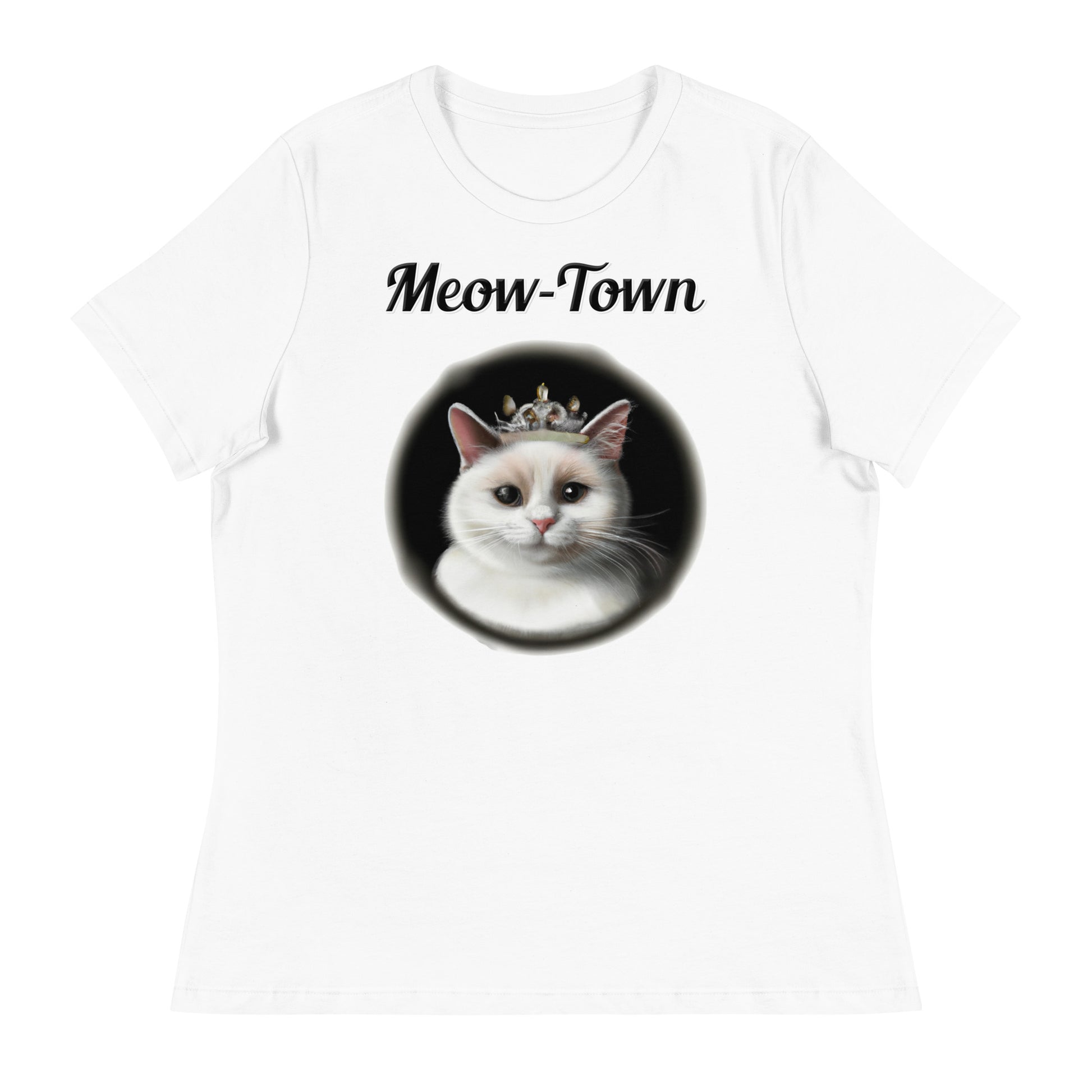 Women's White T-Shirt with text White Cat With a Tiara with a text "Meow-Town" at $25.97 found at Personalizedpetlovergifts