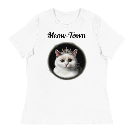 Women's White T-Shirt with text White Cat With a Tiara with a text "Meow-Town" at $25.97 found at Personalizedpetlovergifts