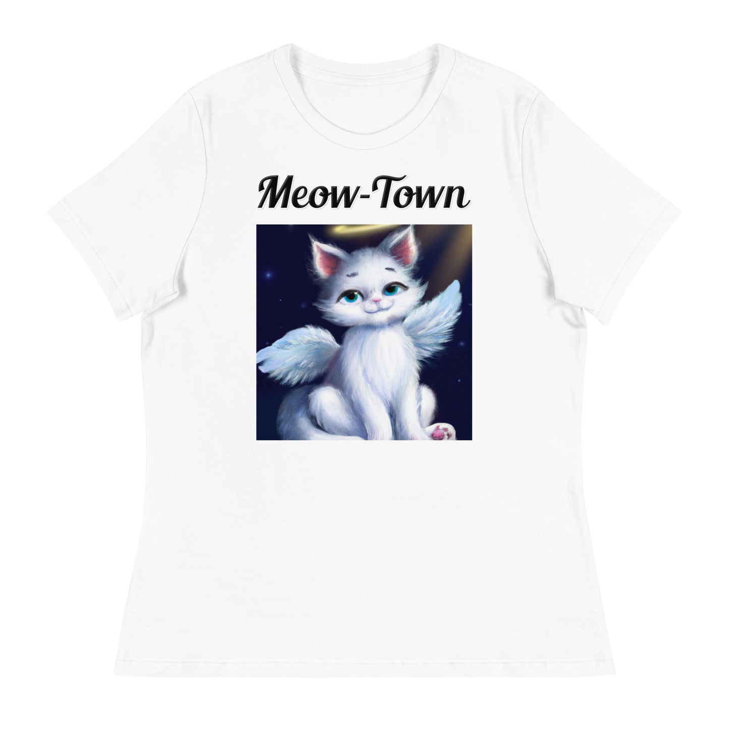 Women's White T-Shirt with text White Angel Cat with a text "Meow-Town" at $25.97 found at Personalizedpetlovergifts