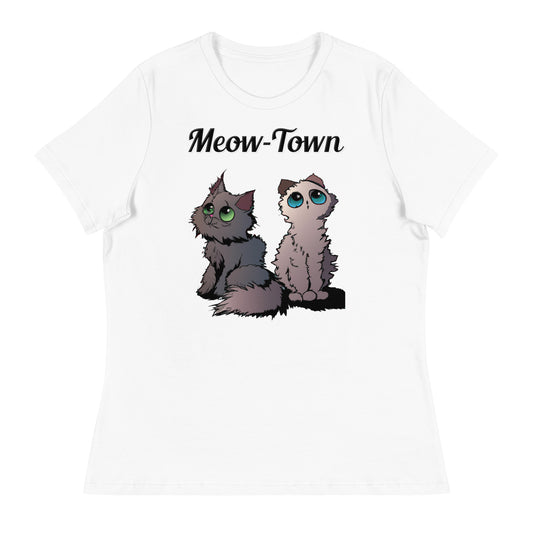 Women's White T-Shirt with text Two Cute Kittens with a text "Meow-Town" at $25.97 found at Personalizedpetlovergifts