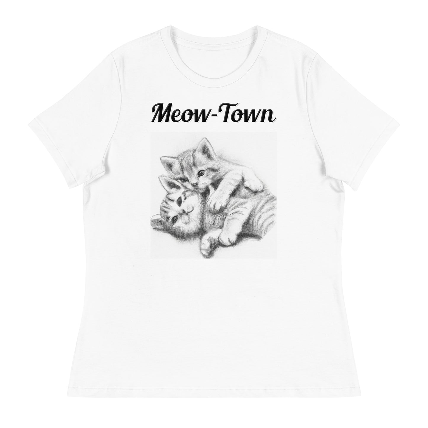 Women's White T-Shirt with text Two Cute Kittens Hugging Pencil Drawing with a text "Meow-Town" at $25.97 found at Personalizedpetlovergifts