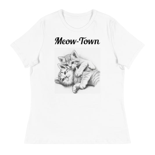 Women's White T-Shirt with text Two Cute Kittens Hugging Pencil Drawing with a text "Meow-Town" at $25.97 found at Personalizedpetlovergifts