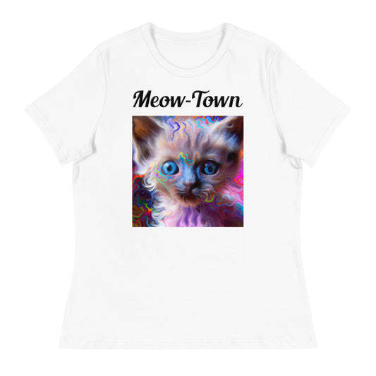 Women's White T-Shirt with text Trippy Kitten with a text "Meow-Town" at $25.97 found at Personalizedpetlovergifts