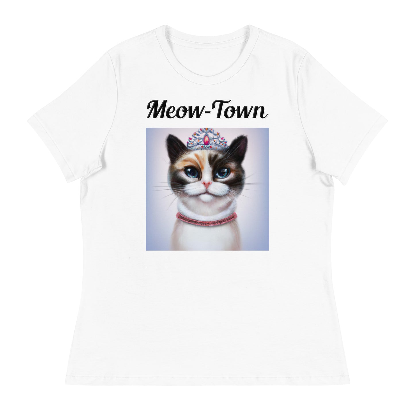 Women's White T-Shirt with text Tri-Colored Cat With A Tiara with a text "Meow-Town" at $25.97 found at Personalizedpetlovergifts