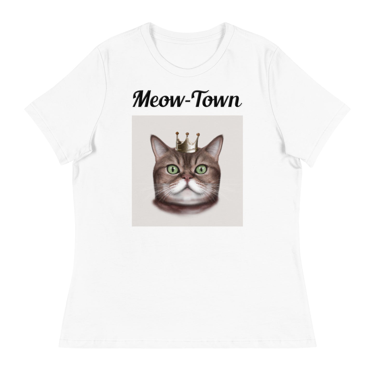 Women's White T-Shirt with text Thick Cat With a Crown with a text "Meow-Town" at $25.97 found at Personalizedpetlovergifts