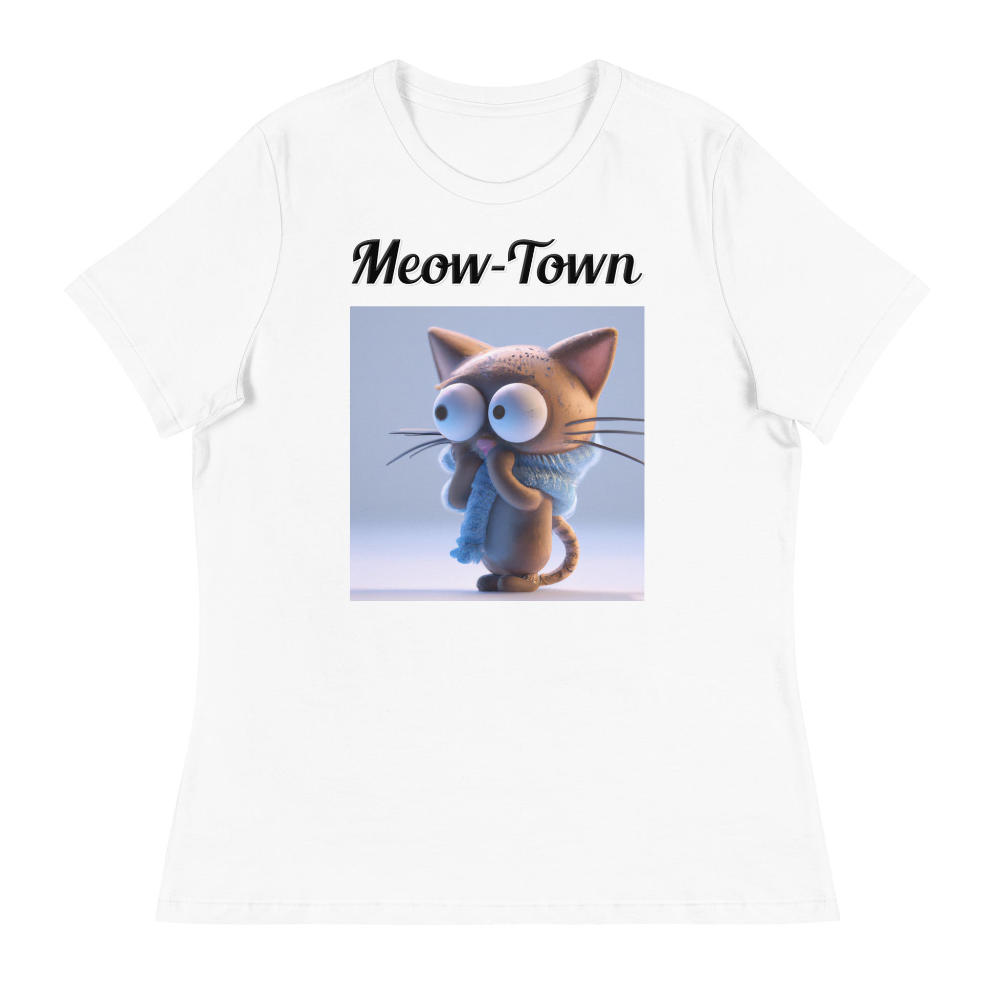 Women's White T-Shirt with text Surprised Kitten with a text "Meow-Town" at $25.97 found at Personalizedpetlovergifts