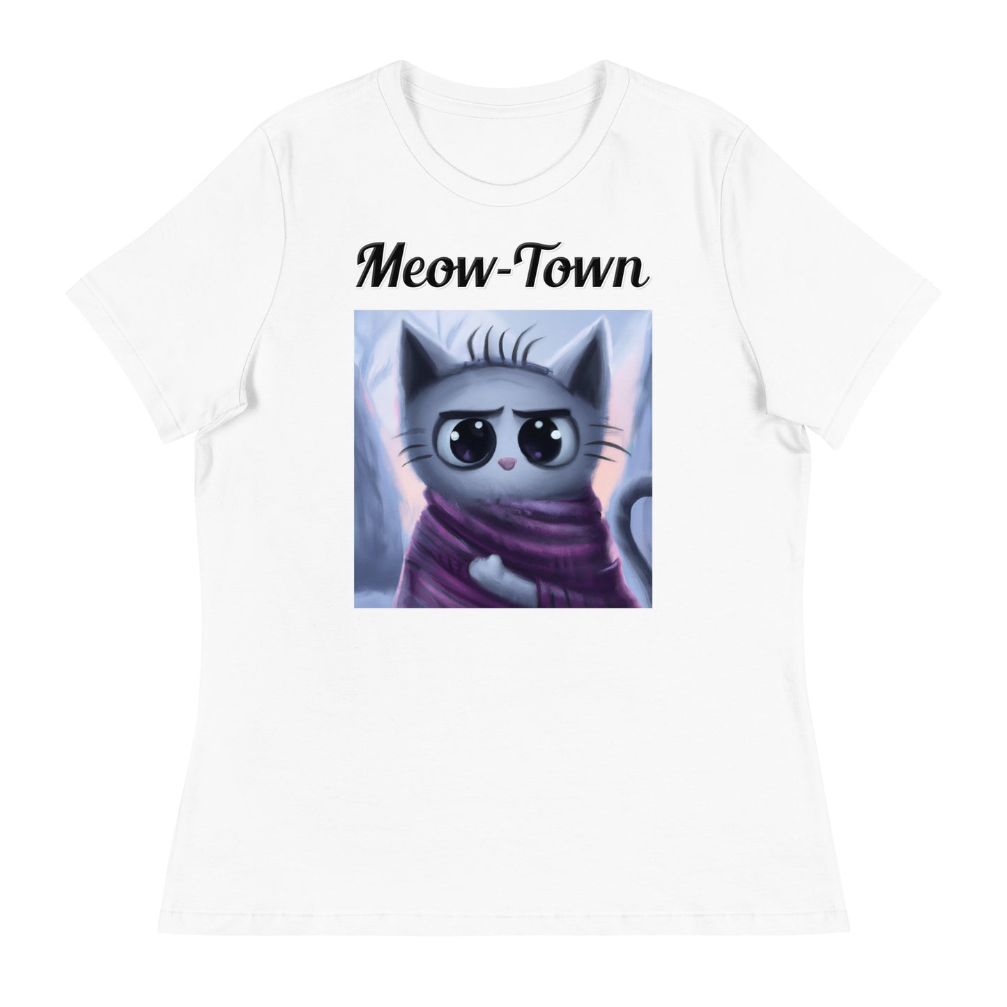 Women's White T-Shirt with text Surprised Kitten In A Shawl with a text "Meow-Town" at $25.97 found at Personalizedpetlovergifts