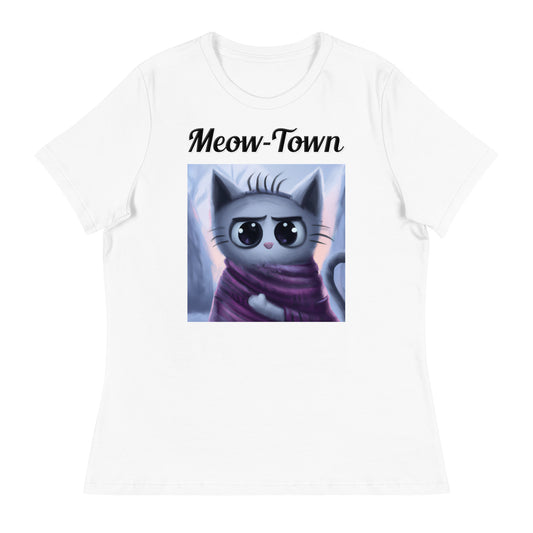 Women's White T-Shirt with text Surprised Kitten In A Shawl with a text "Meow-Town" at $25.97 found at Personalizedpetlovergifts