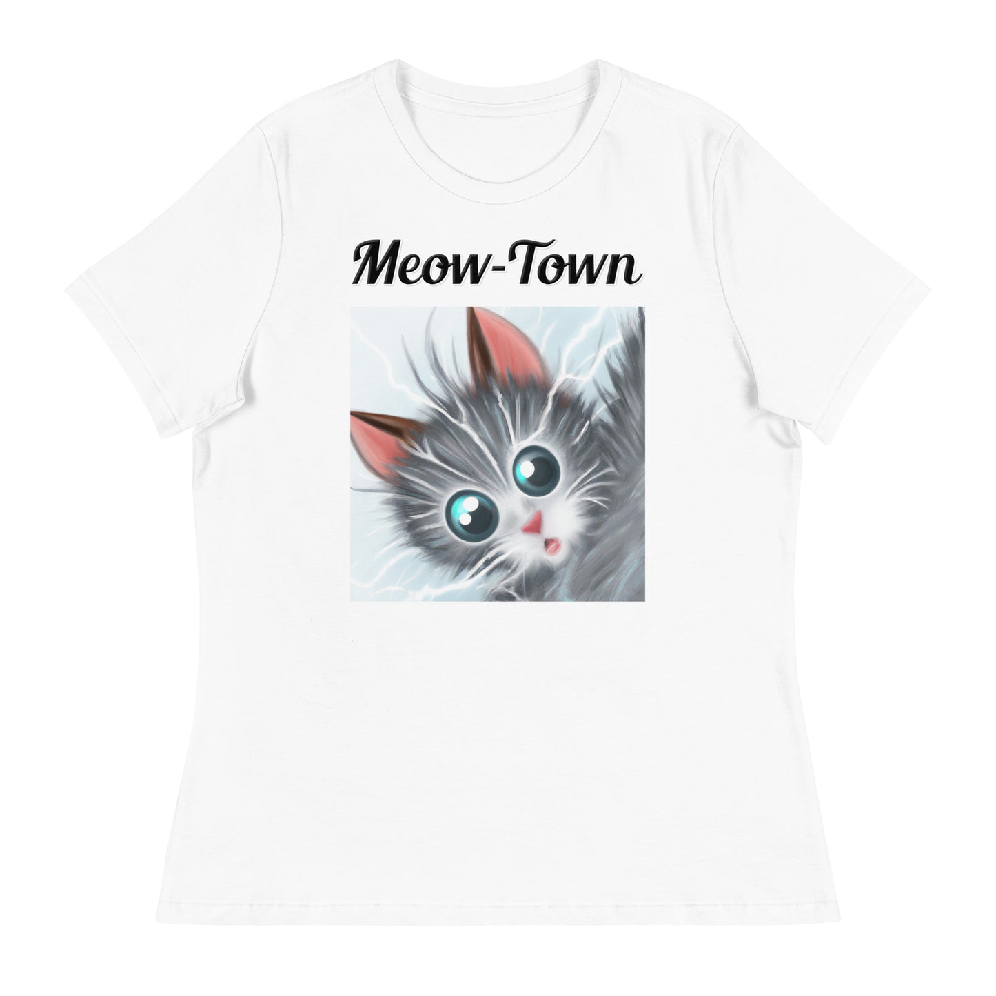 Women's White T-Shirt with text Surprised Gray Kitten with a text "Meow-Town" at $25.97 found at Personalizedpetlovergifts