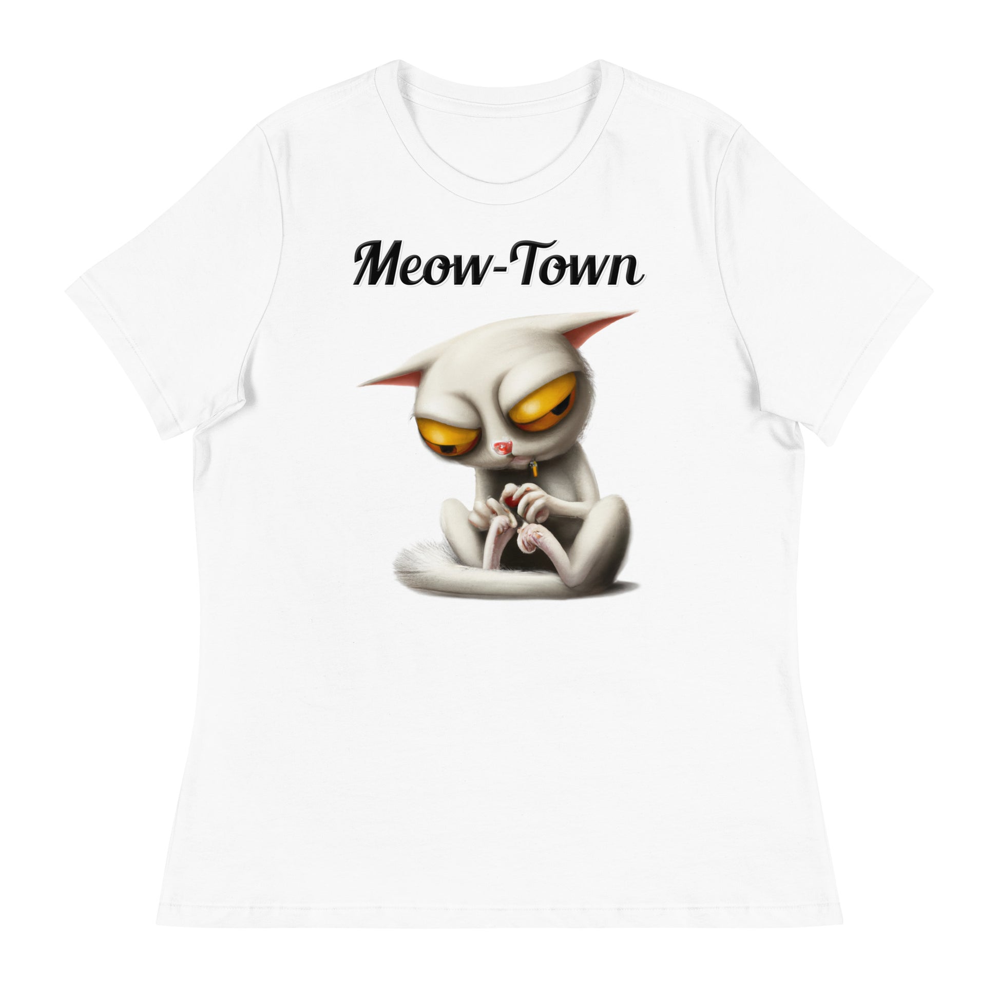 Women's White T-Shirt with text Strange Alien Cat with a text "Meow-Town" at $25.97 found at Personalizedpetlovergifts