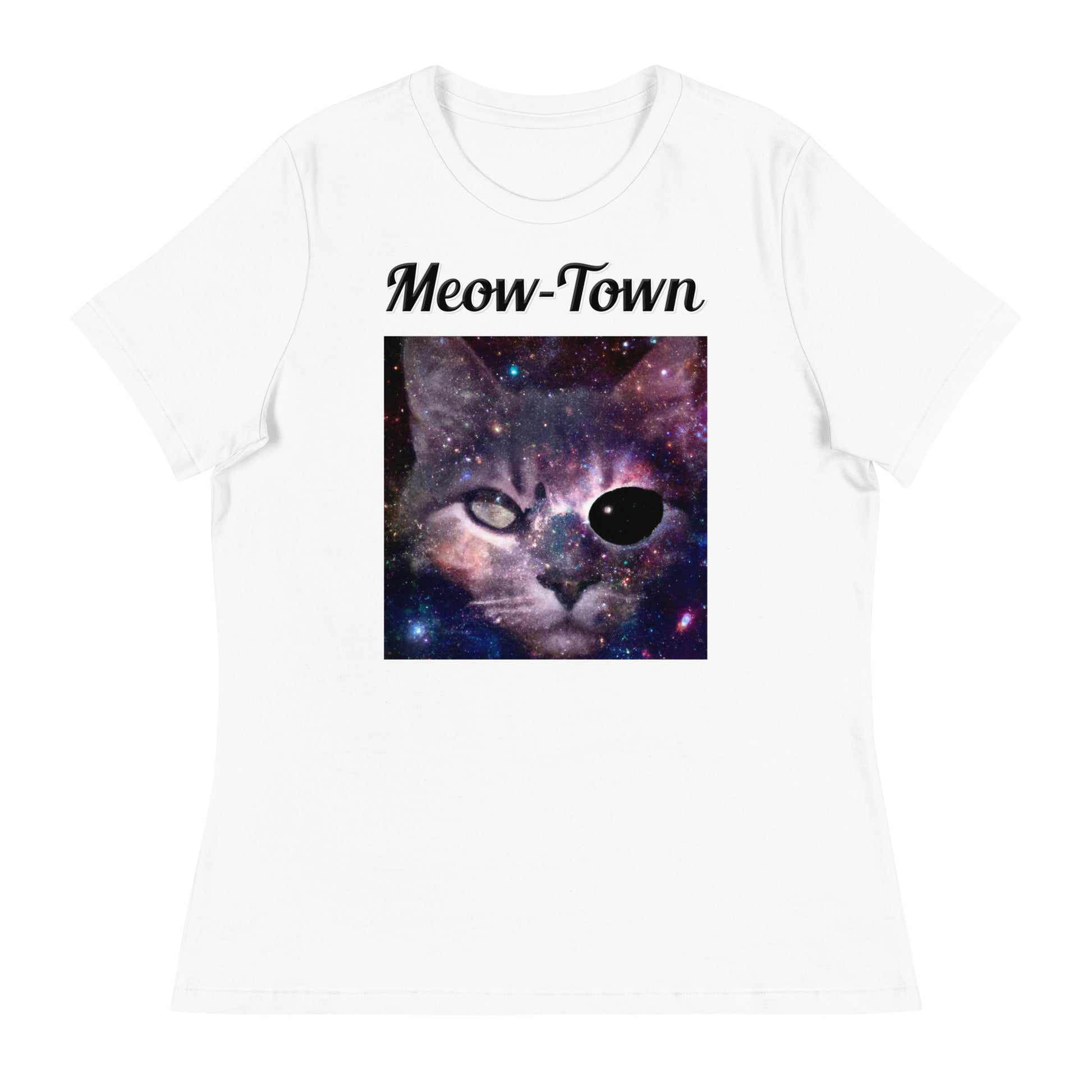 Women's White T-Shirt with text Space One Eyed Cat with a text "Meow-Town" at $25.97 found at Personalizedpetlovergifts