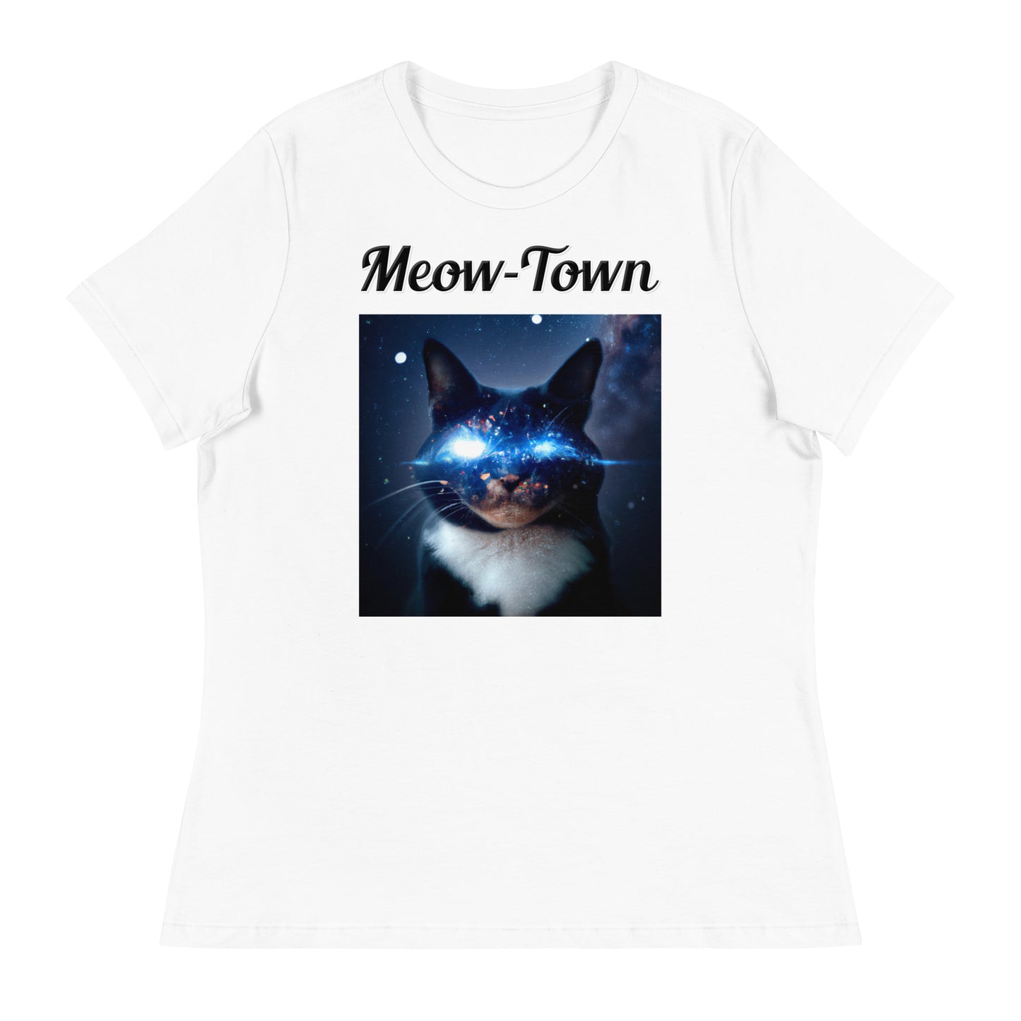 Women's White T-Shirt with text Space Eyed Cat with a text "Meow-Town" at $25.97 found at Personalizedpetlovergifts