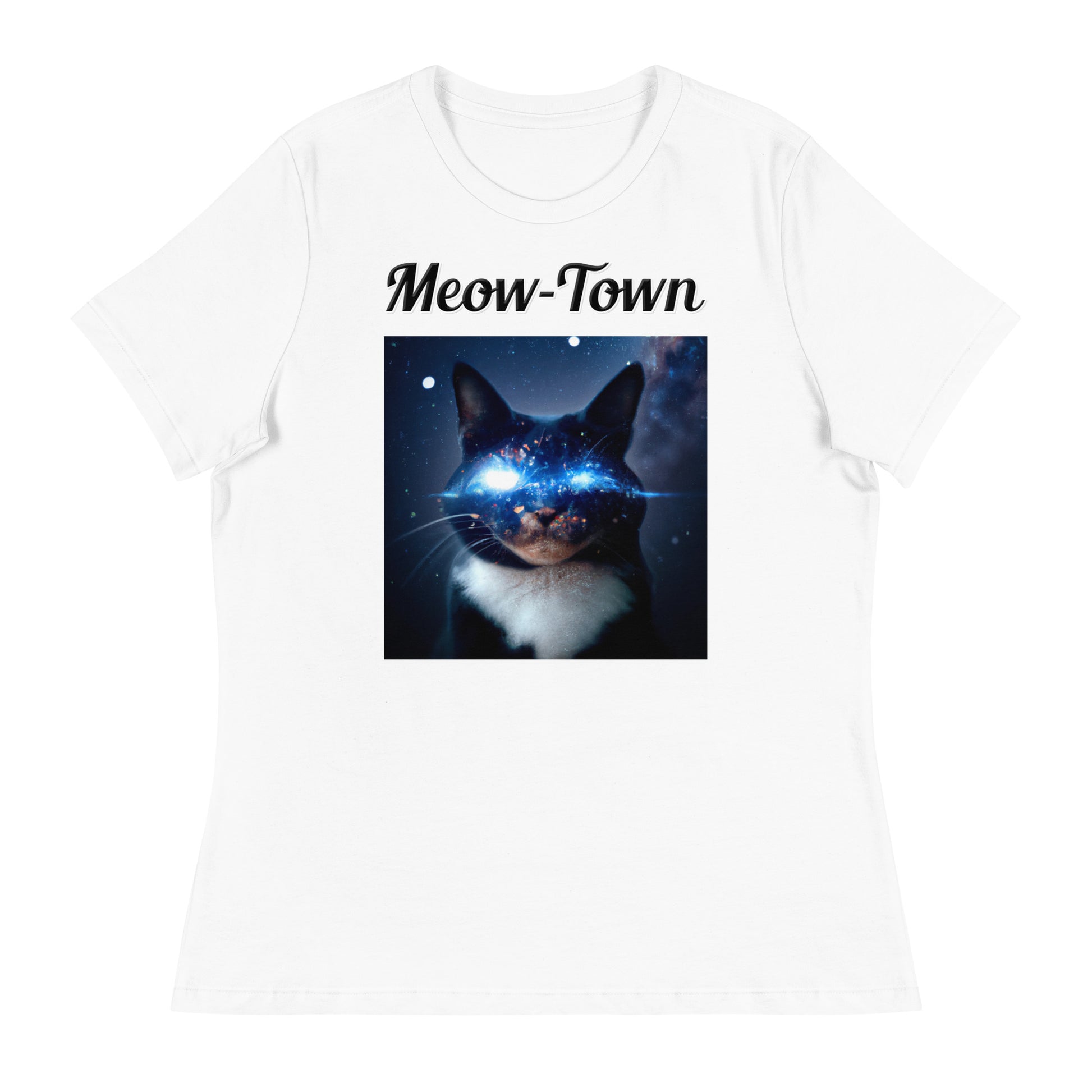 Women's White T-Shirt with text Space Eyed Cat with a text "Meow-Town" at $25.97 found at Personalizedpetlovergifts