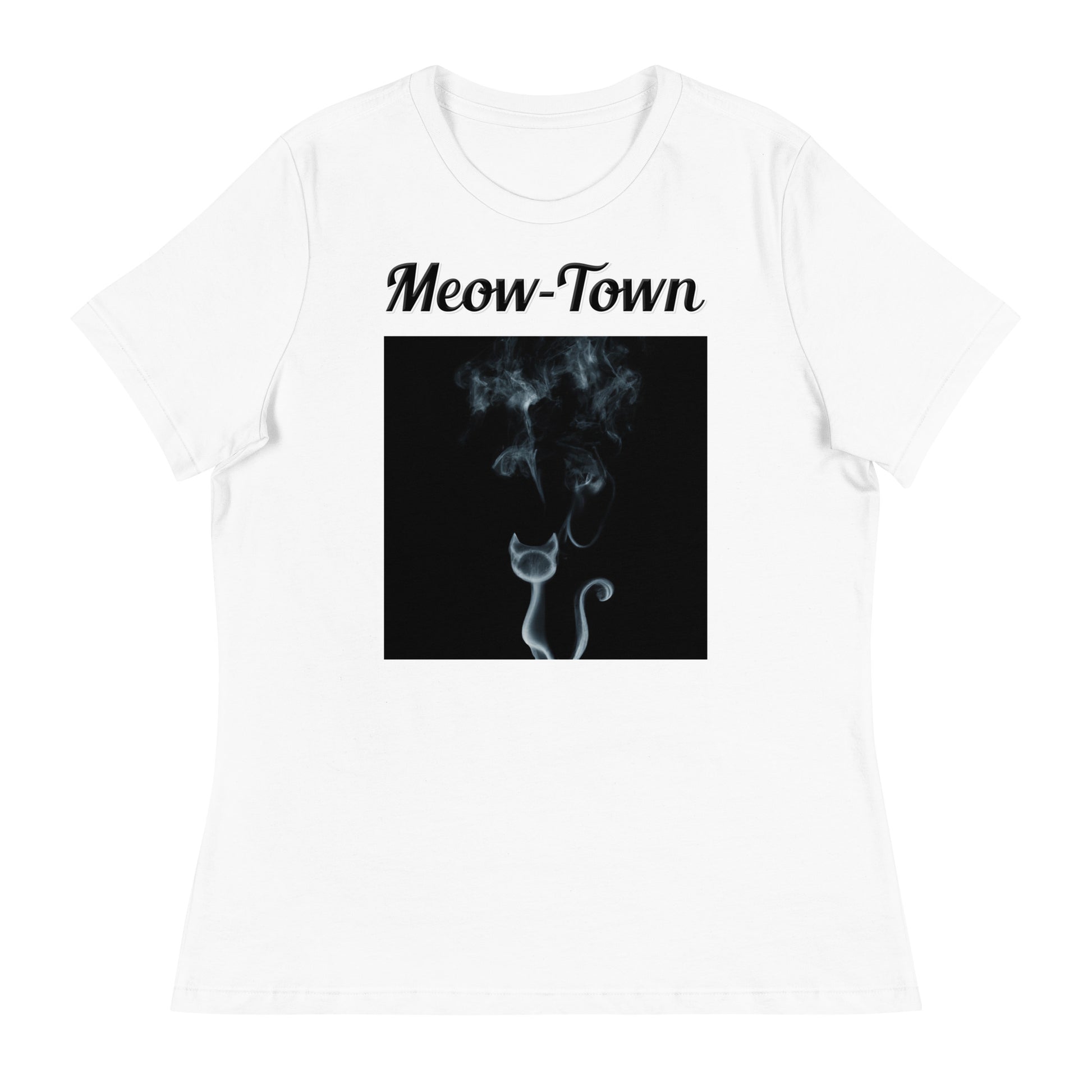 Women's White T-Shirt with text Smoky Cat with a text "Meow-Town" at $25.97 found at Personalizedpetlovergifts