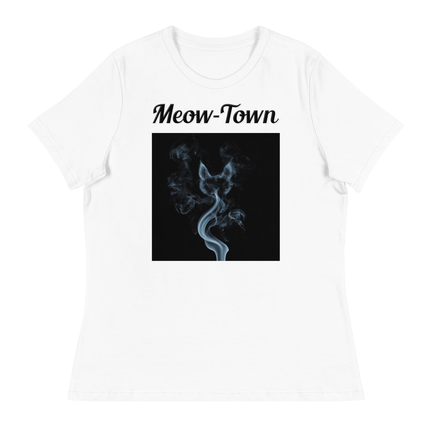 Women's White T-Shirt with text Smoke Shaped like A Cat with a text "Meow-Town" at $25.97 found at Personalizedpetlovergifts