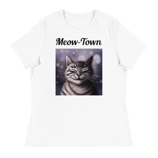 Women's White T-Shirt with text Smiling Cat with a text "Meow-Town" at $25.97 found at Personalizedpetlovergifts