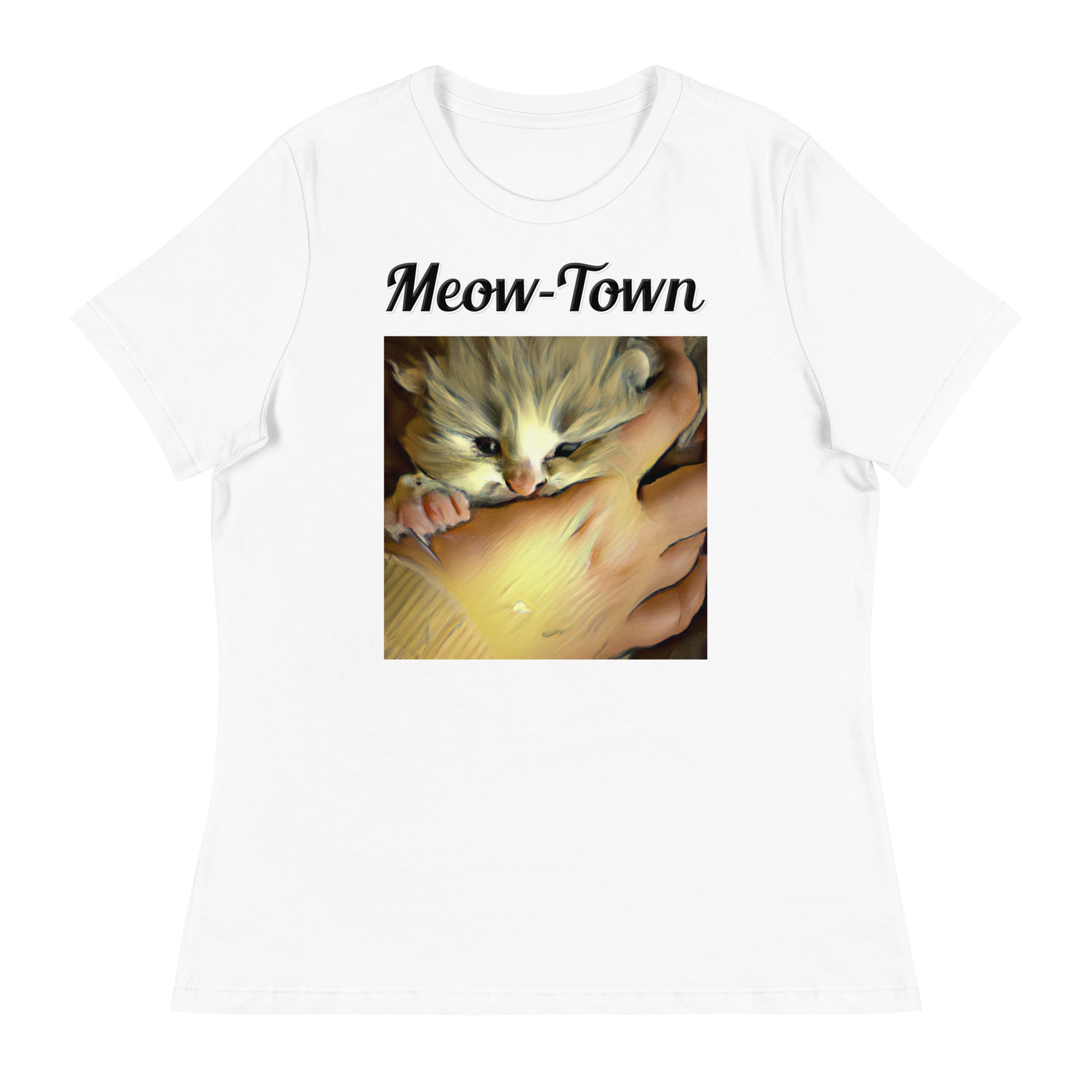 Women's White T-Shirt with text Small Kitten In Hand with a text "Meow-Town" at $25.97 found at Personalizedpetlovergifts