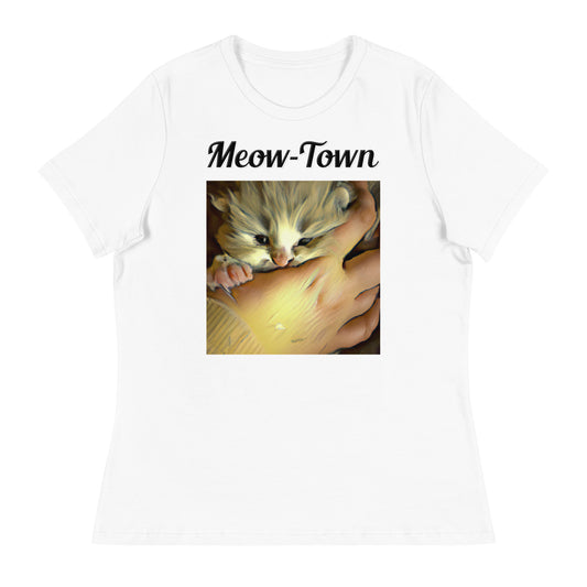 Women's White T-Shirt with text Small Kitten In Hand with a text "Meow-Town" at $25.97 found at Personalizedpetlovergifts