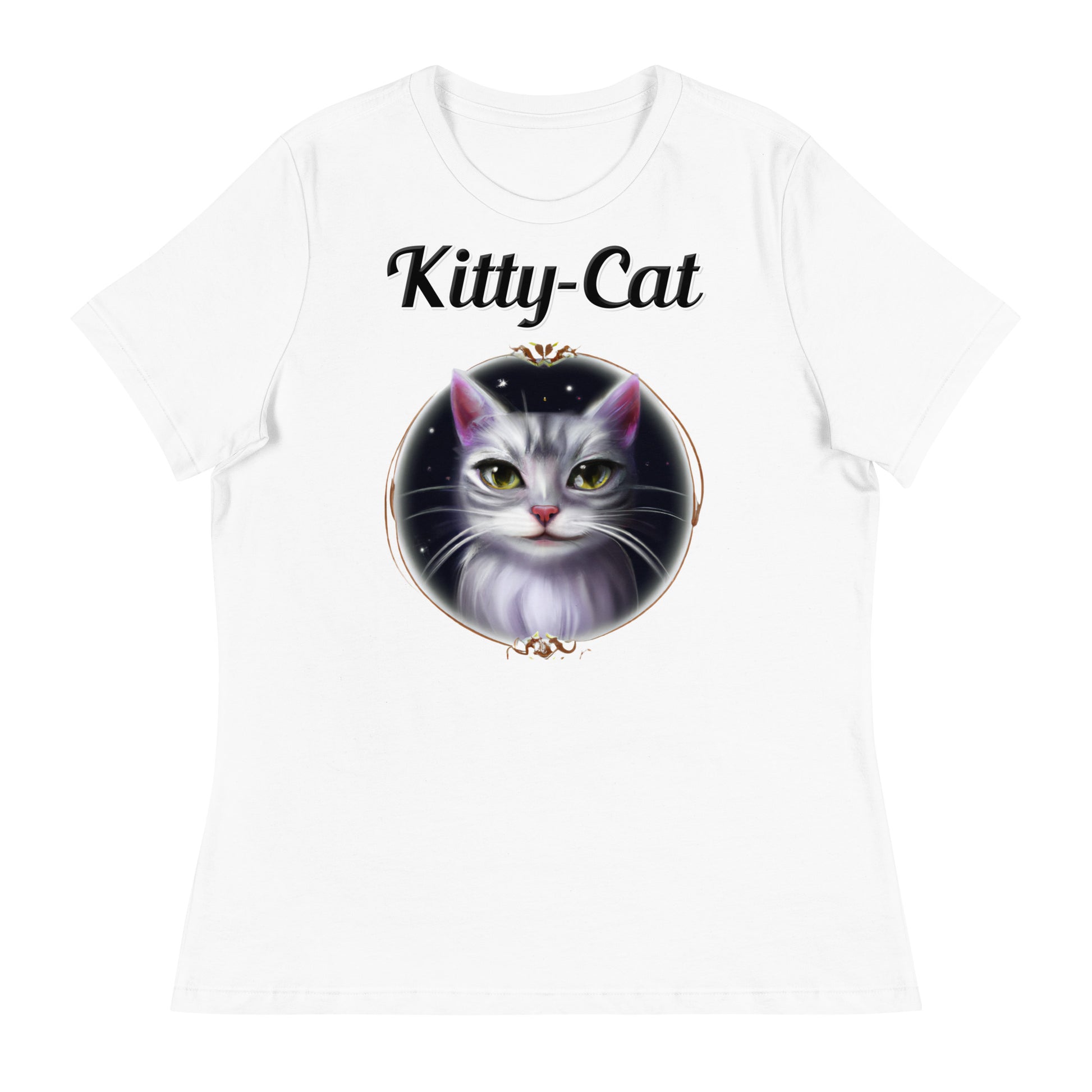 Women's White T-Shirt with text Wispy Whiskers Cat In a Circle with a text "Kitty-Cat" at $25.97 found at Personalizedpetlovergifts