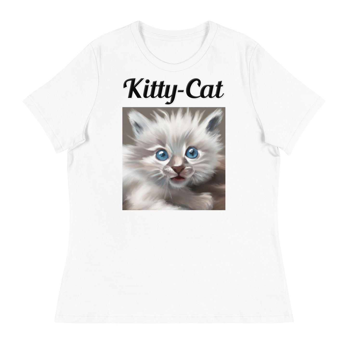 Women's White T-Shirt with text Wispy Kitten Painting with a text "Kitty-Cat" at $25.97 found at Personalizedpetlovergifts