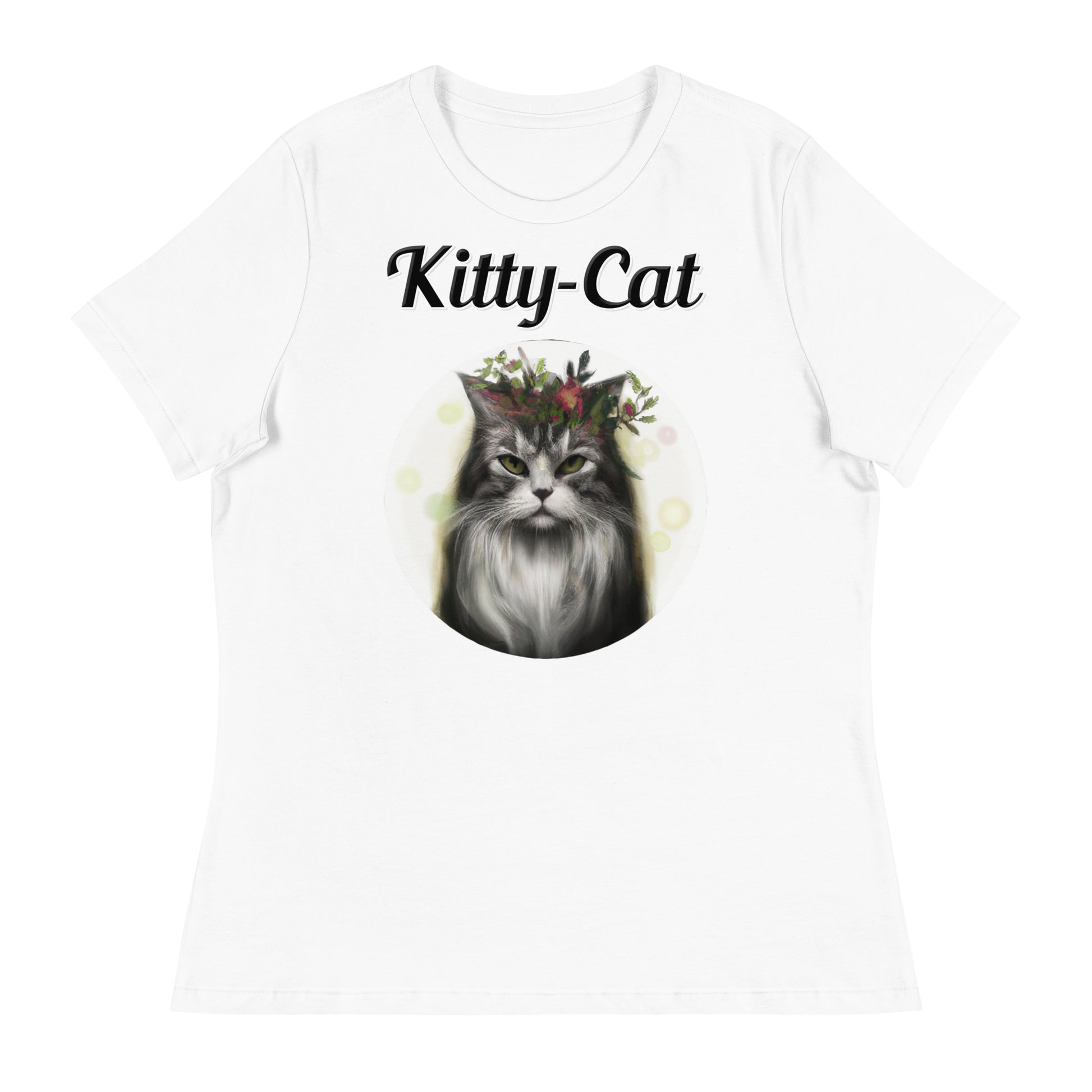 Women's White T-Shirt with text Wispy Haired Cat With Flowers with a text "Kitty-Cat" at $25.97 found at Personalizedpetlovergifts