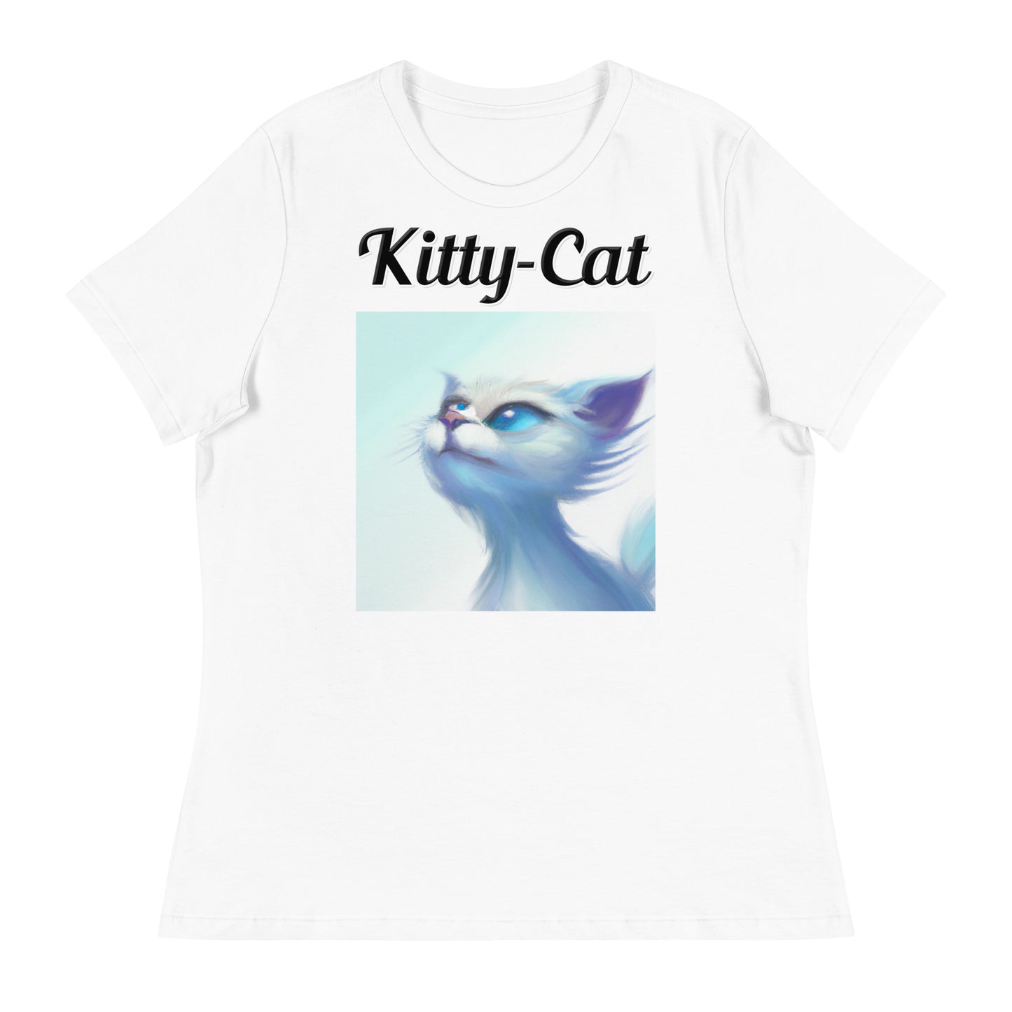 Women's White T-Shirt with text White Wind Swept Kitten With Blue Eyes with a text "Kitty-Cat" at $25.97 found at Personalizedpetlovergifts