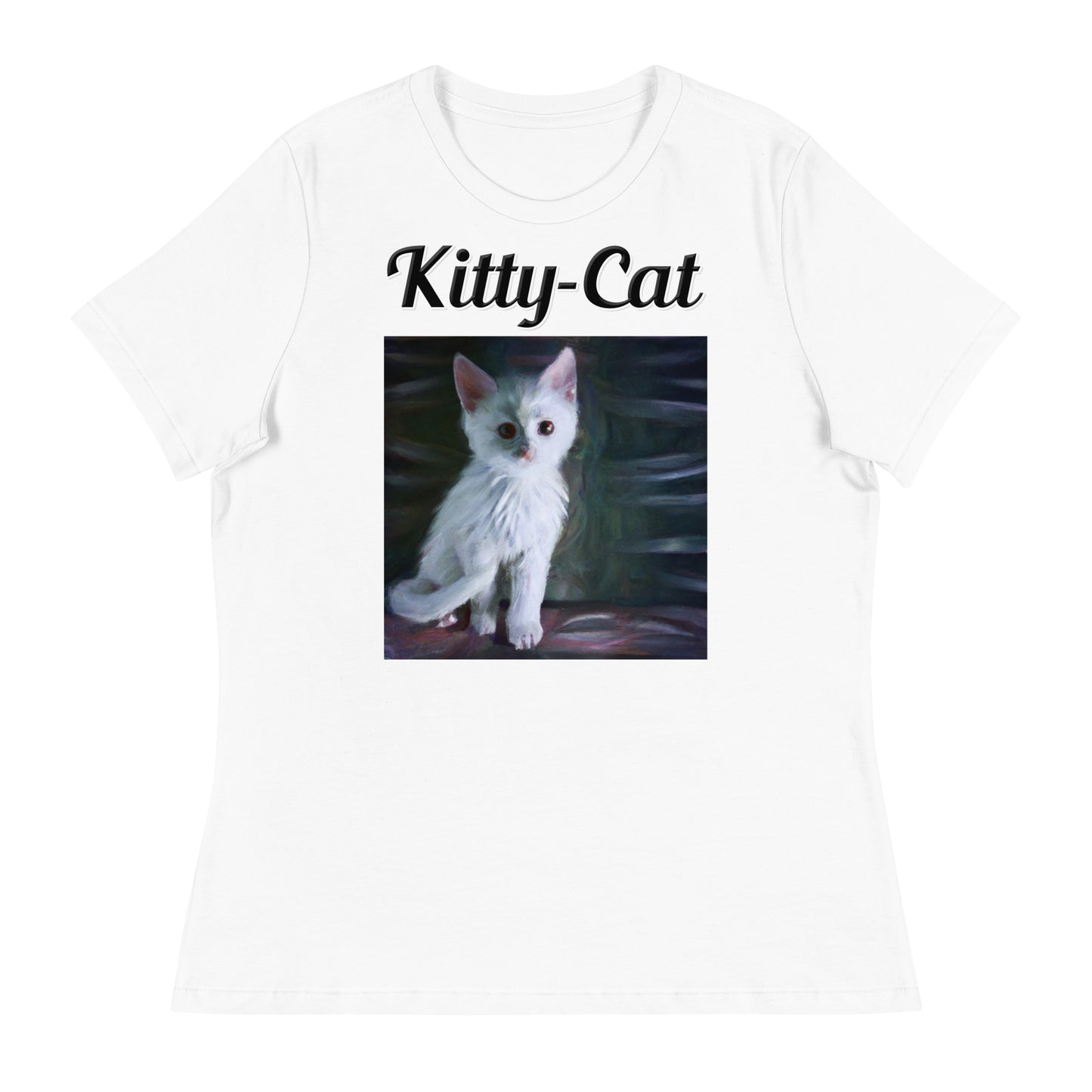 Women's White T-Shirt with text White White Cat with a text "Kitty-Cat" at $25.97 found at Personalizedpetlovergifts