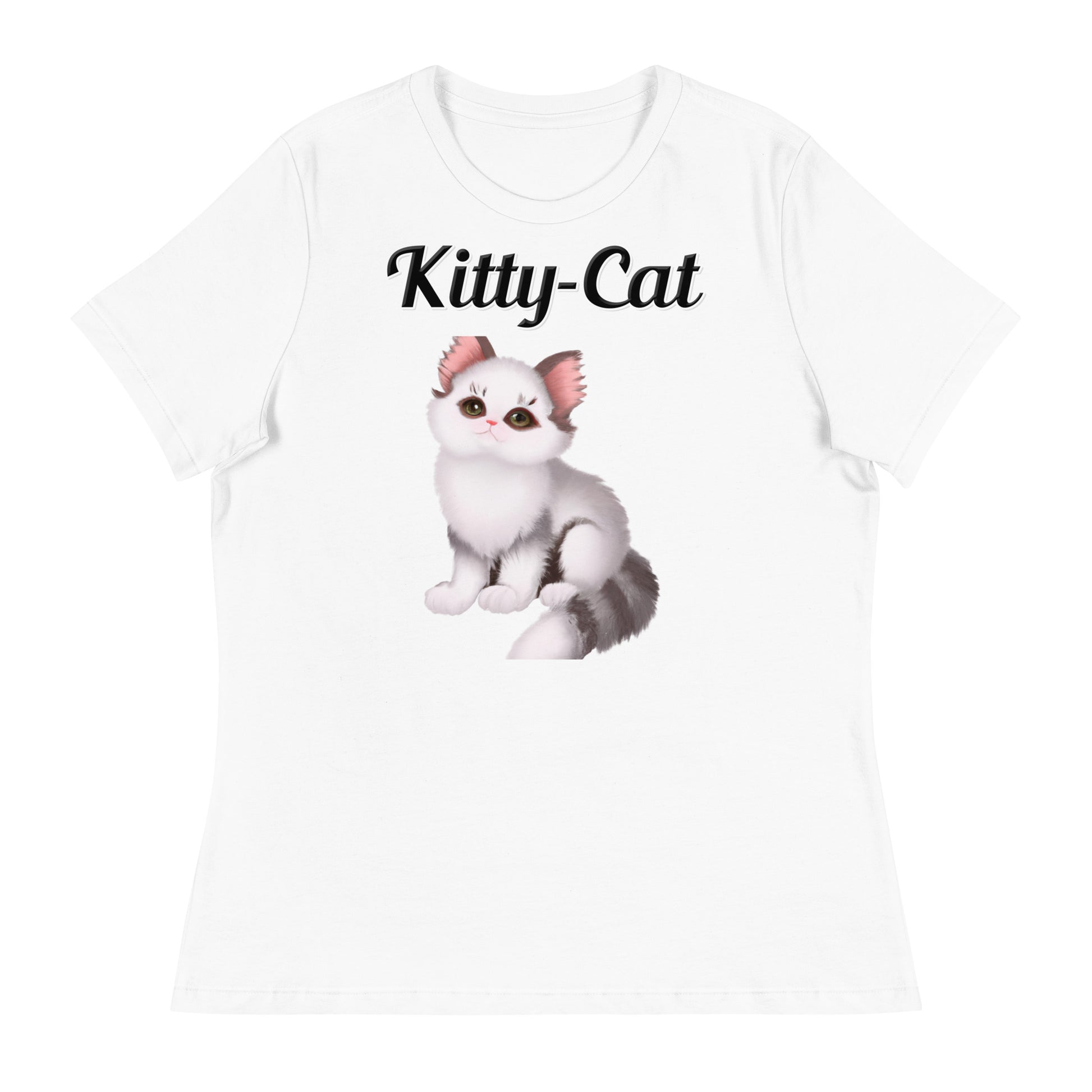 Women's White T-Shirt with text White Stripy Kitten with a text "Kitty-Cat" at $25.97 found at Personalizedpetlovergifts