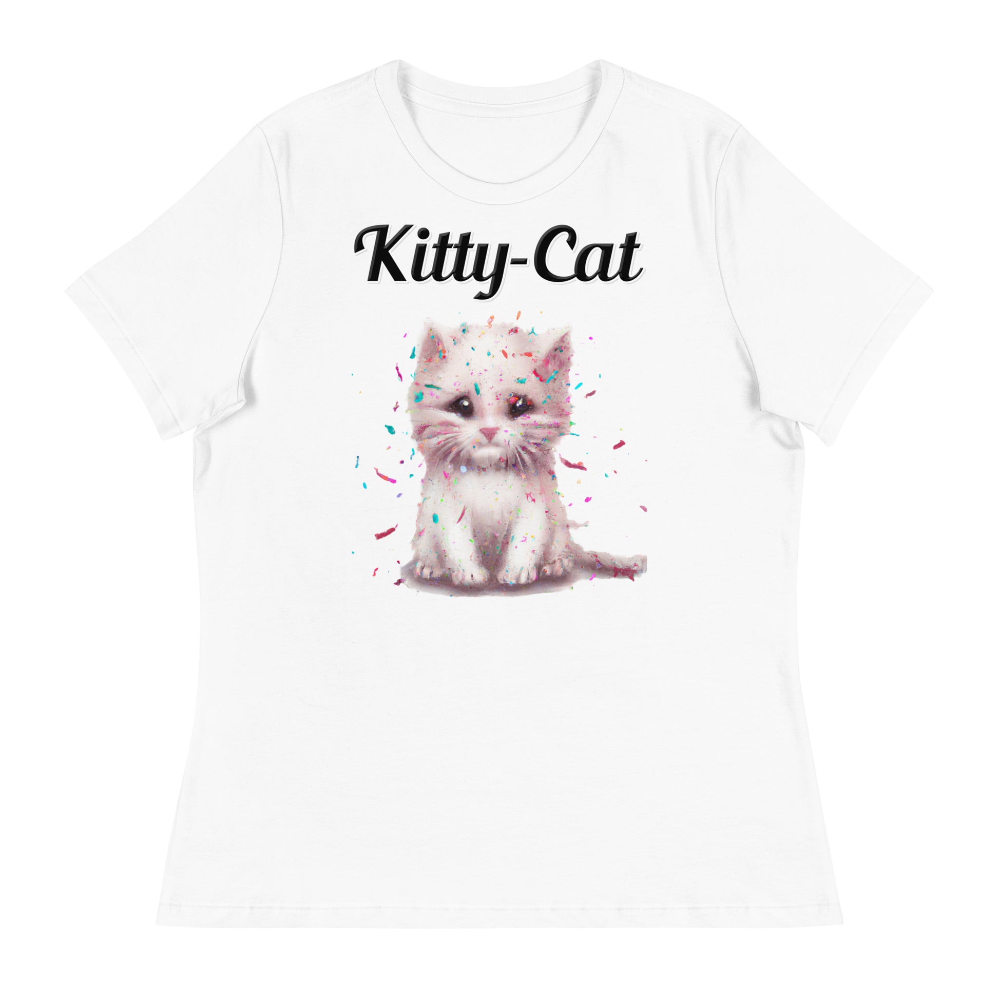 Women's White T-Shirt with text White Kitten With Confetti with a text "Kitty-Cat" at $25.97 found at Personalizedpetlovergifts