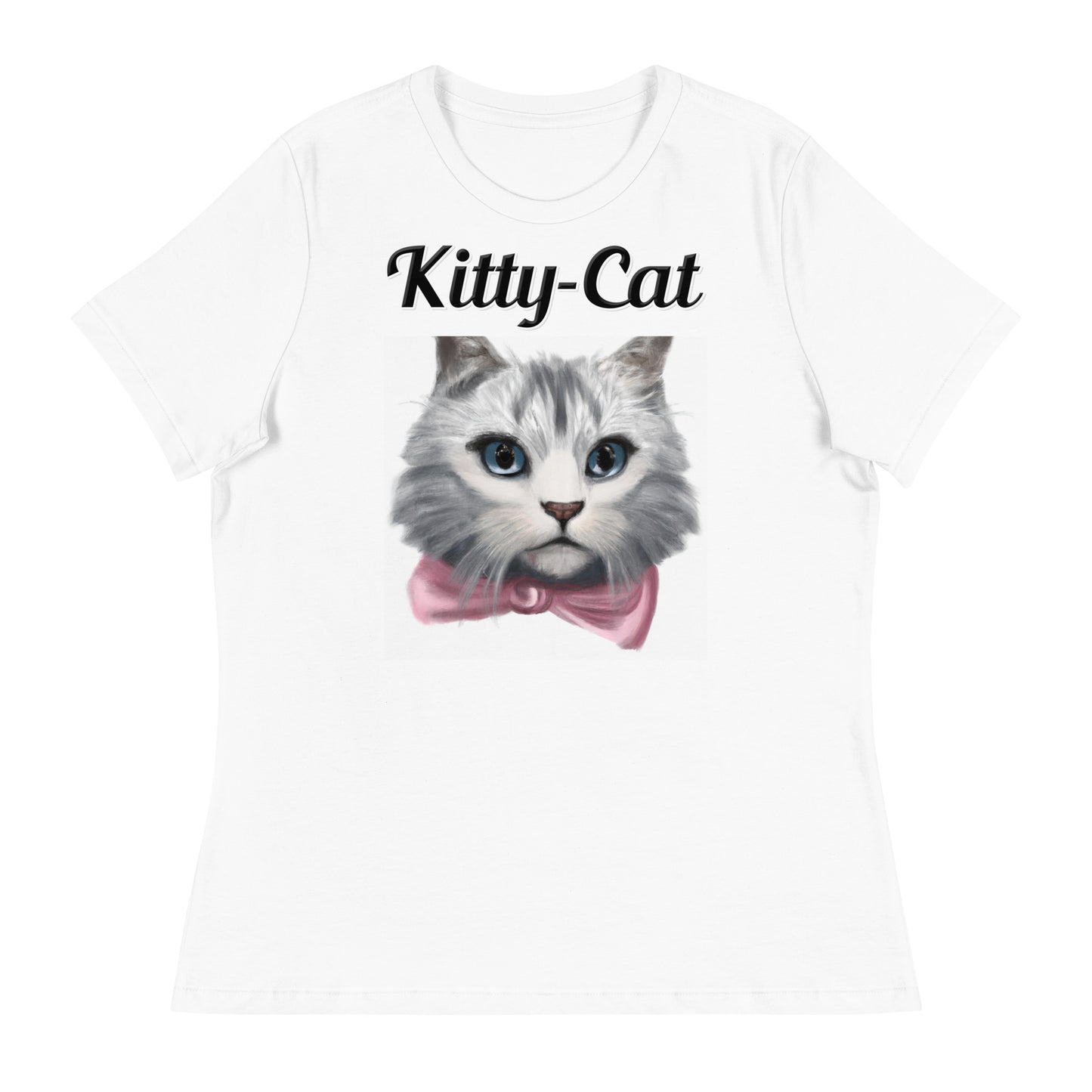 Women's White T-Shirt with text White Kitten With a Pink Bow with a text "Kitty-Cat" at $25.97 found at Personalizedpetlovergifts