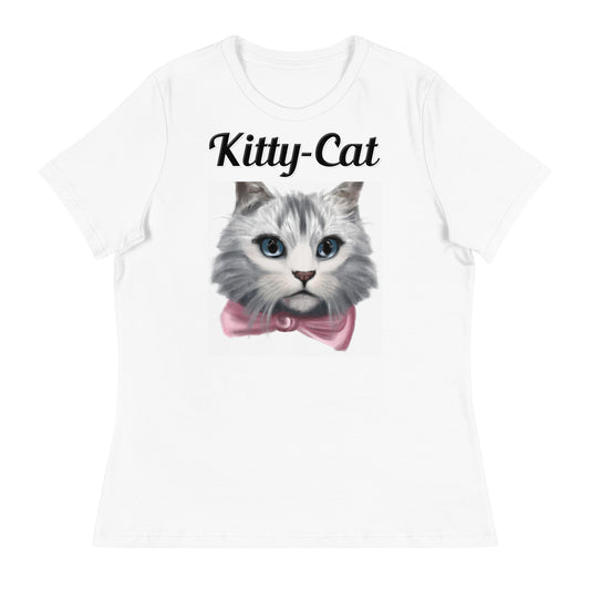 Women's White T-Shirt with text White Kitten With a Pink Bow with a text "Kitty-Cat" at $25.97 found at Personalizedpetlovergifts