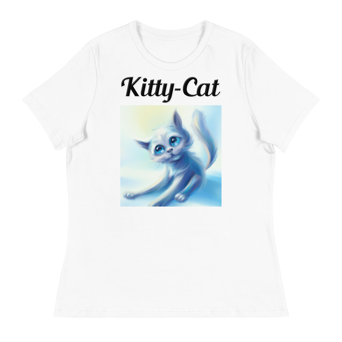 Women's White T-Shirt with text White Kitten Stretching with a text "Kitty-Cat" at $25.97 found at Personalizedpetlovergifts