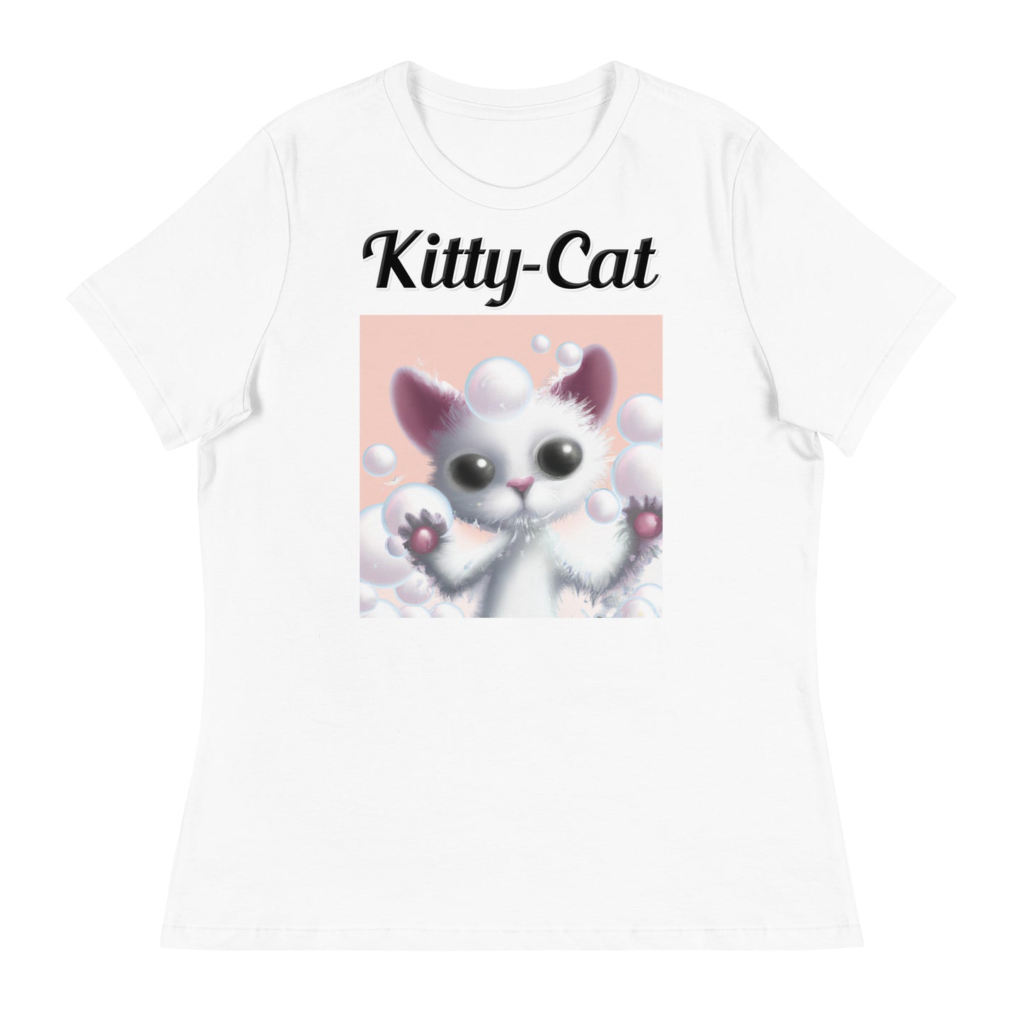 Women's White T-Shirt with text White Kitten Playing With Bubbles with a text "Kitty-Cat" at $25.97 found at Personalizedpetlovergifts