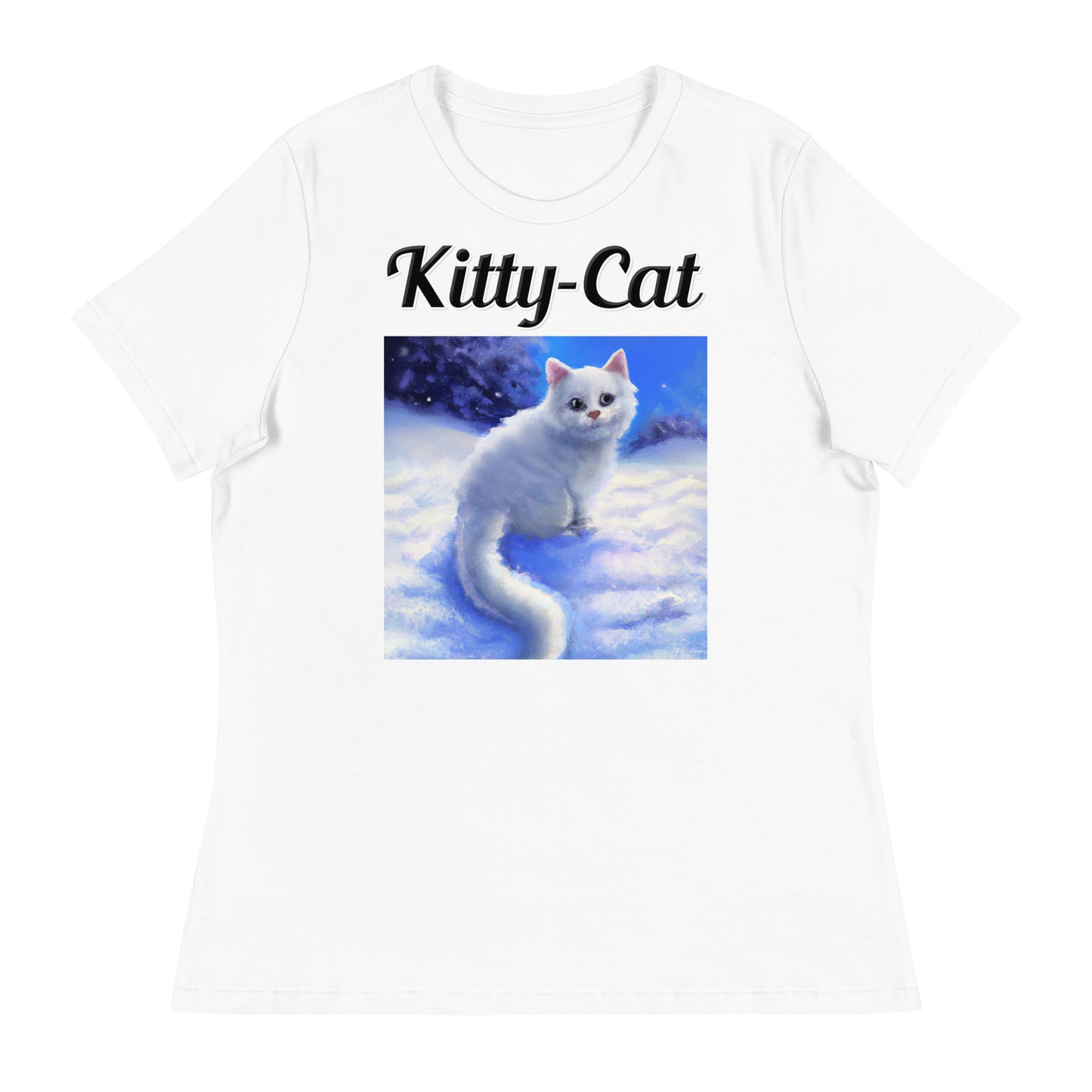 Women's White T-Shirt with text White Kitten In Winter with a text "Kitty-Cat" at $25.97 found at Personalizedpetlovergifts