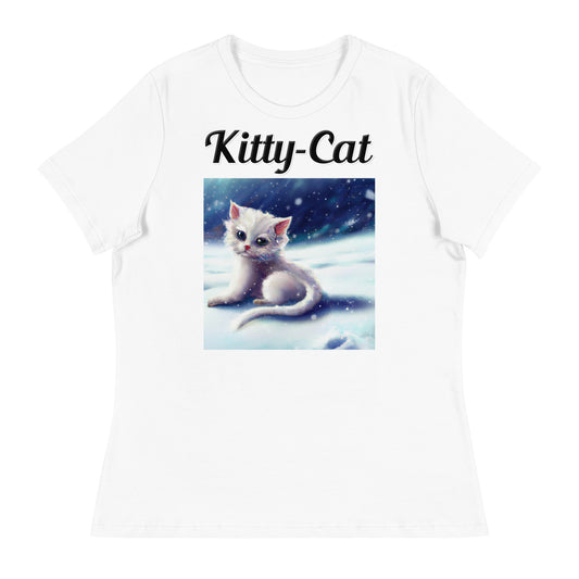 Women's White T-Shirt with text White Kitten In The Snow with a text "Kitty-Cat" at $25.97 found at Personalizedpetlovergifts