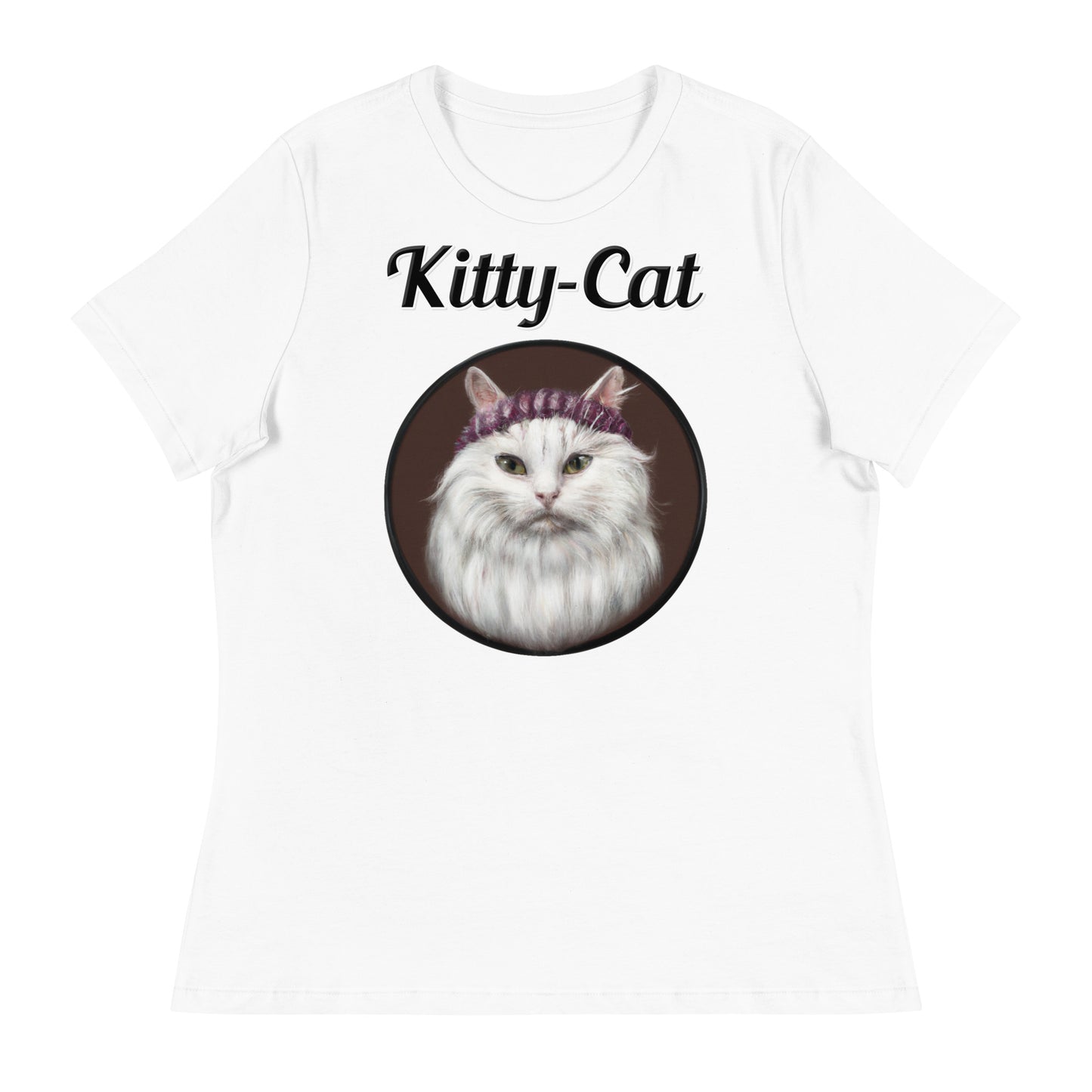 Women's White T-Shirt with text White Fluffy Kitten With a Knit Headband with a text "Kitty-Cat" at $25.97 found at Personalizedpetlovergifts