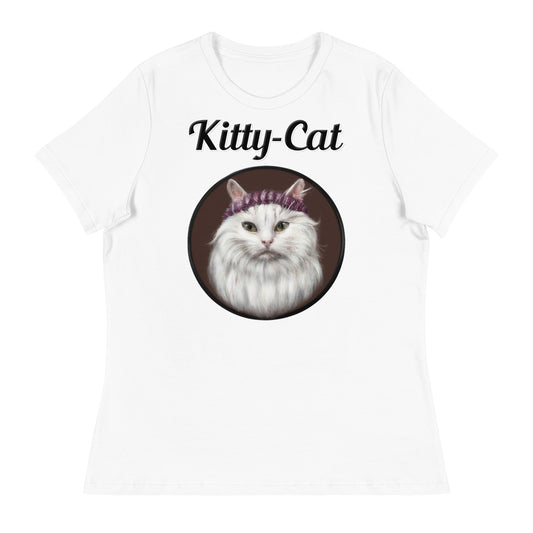 Women's White T-Shirt with text White Fluffy Kitten With a Knit Headband with a text "Kitty-Cat" at $25.97 found at Personalizedpetlovergifts