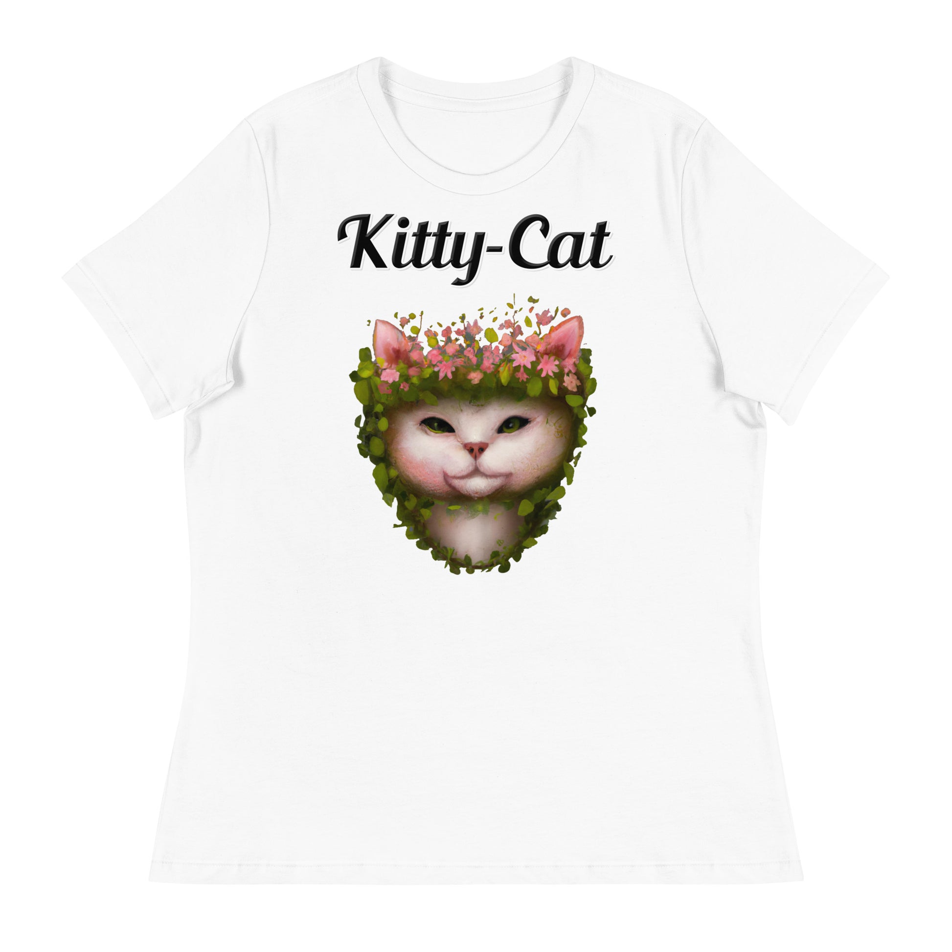 Women's White T-Shirt with text White Cat With Flowers with a text "Kitty-Cat" at $25.97 found at Personalizedpetlovergifts