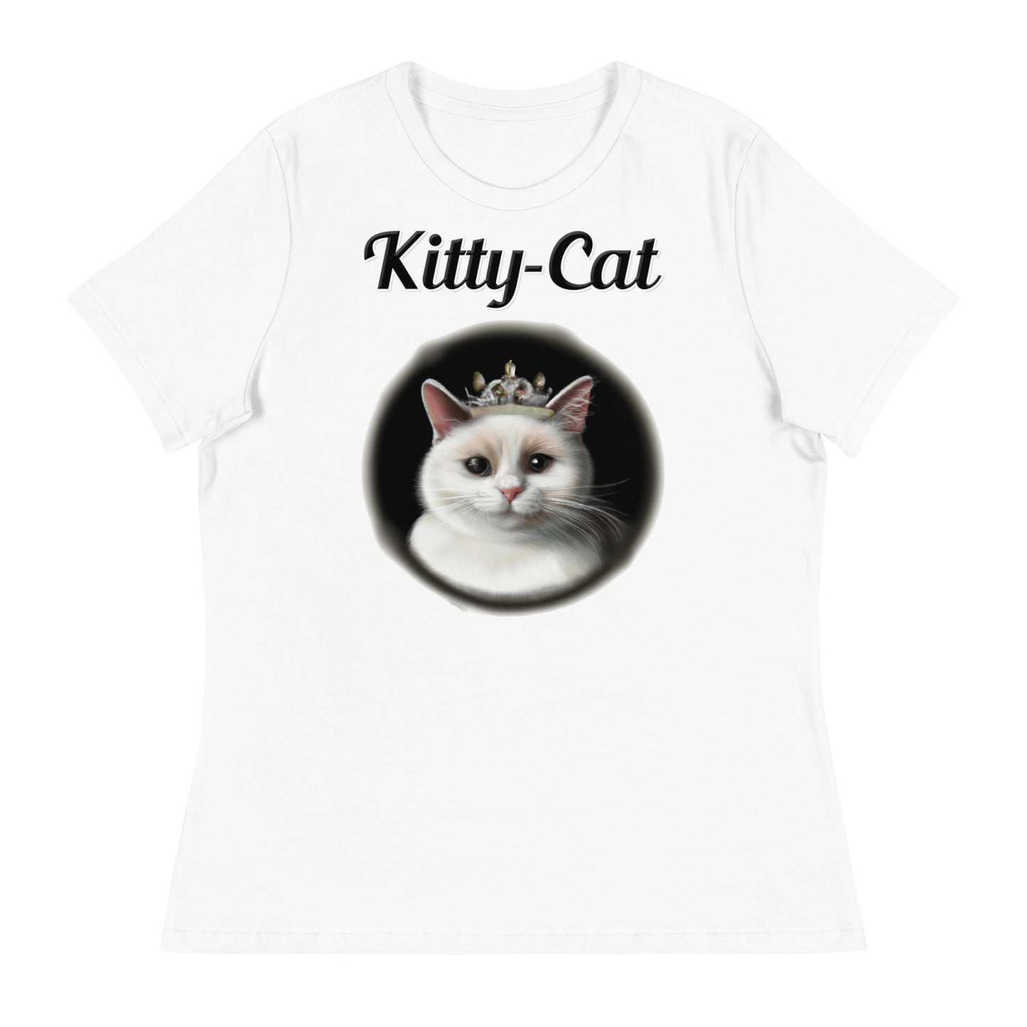 Women's White T-Shirt with text White Cat With a Tiara with a text "Kitty-Cat" at $25.97 found at Personalizedpetlovergifts