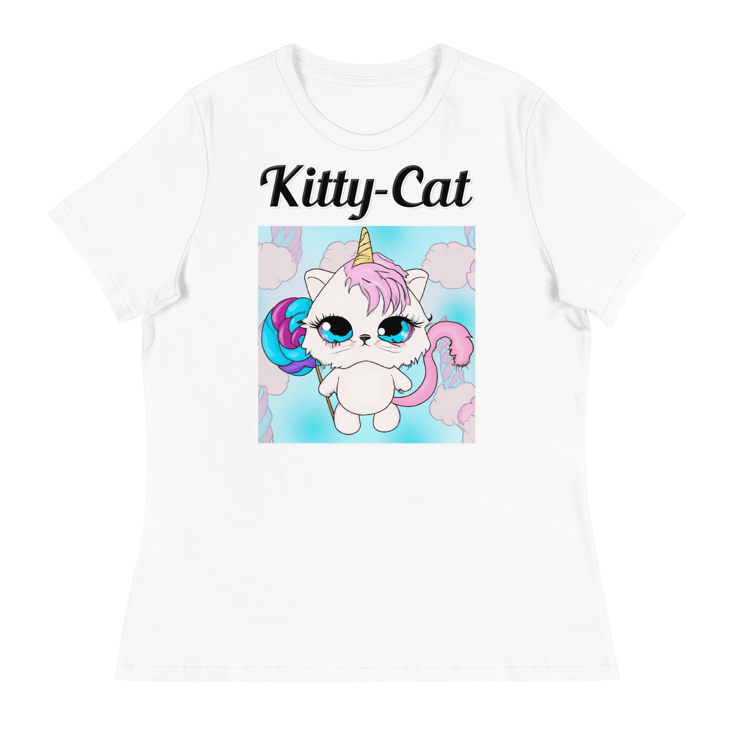 Women's White T-Shirt with text Unicorn Kitten With Lollipop with a text "Kitty-Cat" at $25.97 found at Personalizedpetlovergifts