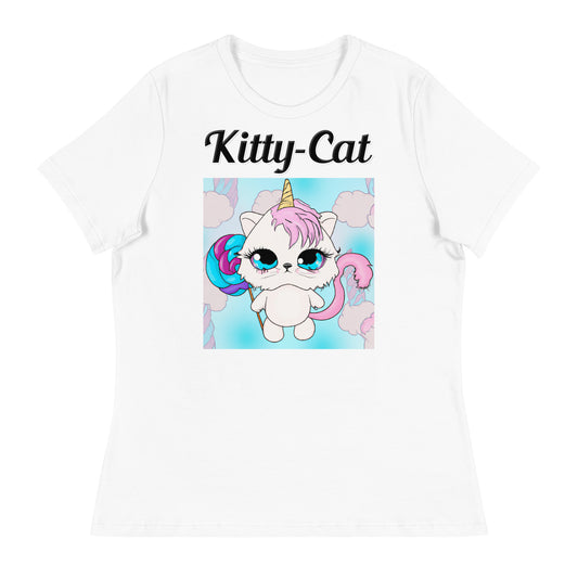 Women's White T-Shirt with text Unicorn Kitten With Lollipop with a text "Kitty-Cat" at $25.97 found at Personalizedpetlovergifts