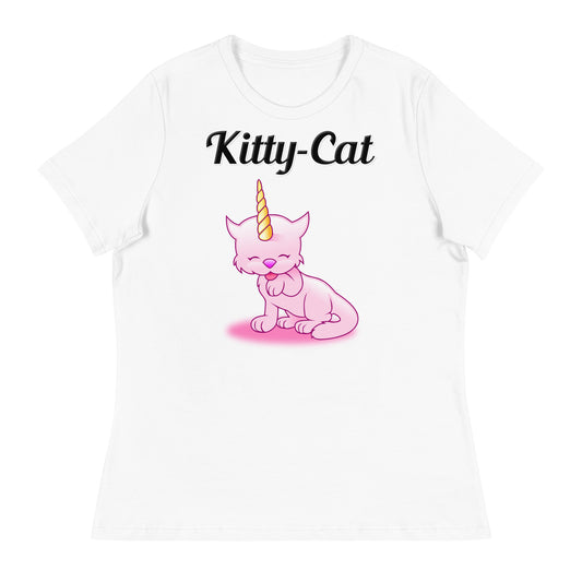 Women's White T-Shirt with text Unicorn Cat Licking Its Paw with a text "Kitty-Cat" at $25.97 found at Personalizedpetlovergifts