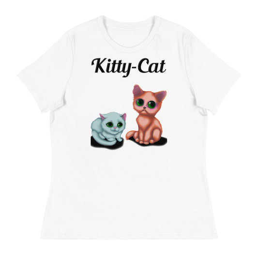 Women's White T-Shirt with text Two Kittens Sitting with a text "Kitty-Cat" at $25.97 found at Personalizedpetlovergifts